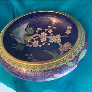 Elegant Cloisonné Floral Blue Bowl with Gold Trim